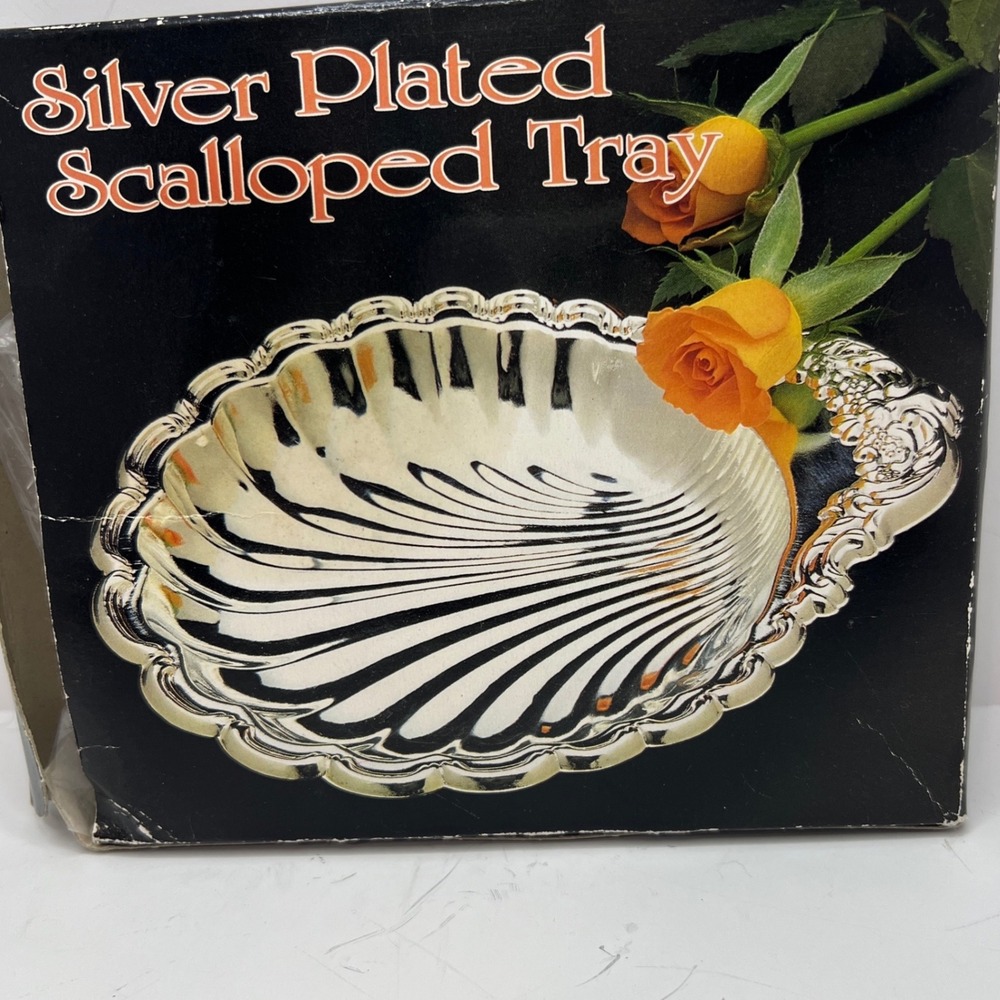 Vintage Silver Plated Scalloped Clam Shell Tray Ornate Trinket Dish